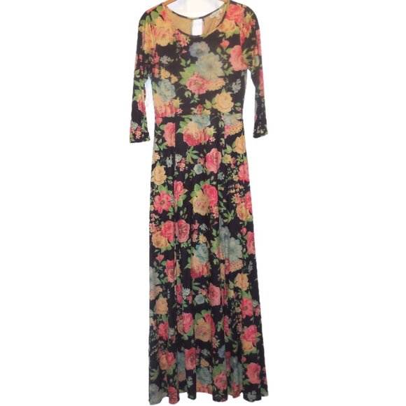 Maxi Dress SMALL NEW Floral 3/4 sleeve black pink bohemian - Picture 1 of 7